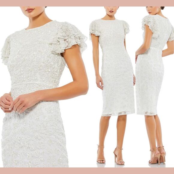 NWT MAC DUGGAL [ 20 ] 10827 Flounce Sleeve Beaded Midi Dress White